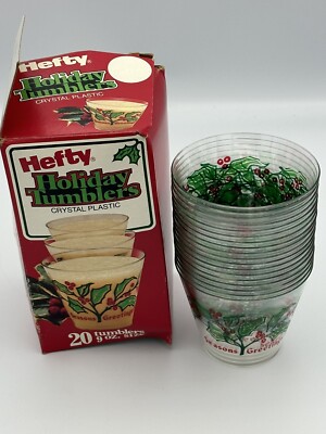VTG 1981 Hefty Holiday Tumblers 18 Crystal Plastic Cups 9oz Seasons Greetings
