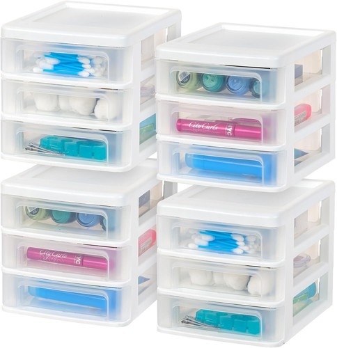 USA 4-Pack White 3-Drawer Organizer for Makeup, Office & Crafts Supplies