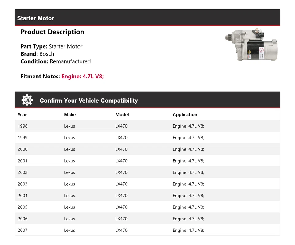 For 1998-2007 Lexus LX470 4.7L V8 Bosch Starter (Remanufactured) 1999 2000 2001 - Image 2 of 4