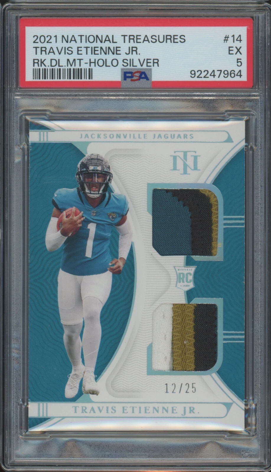 Travis Etienne Panini National Treasures Rookie Dual Materials #14 Holo Silver