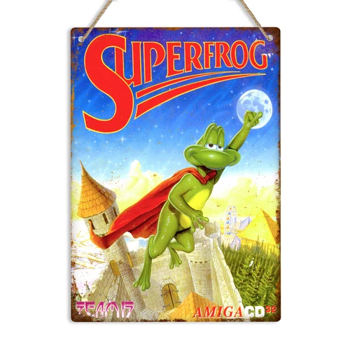 SUPER FROG Amiga CD32 Metal Tin Wall Sign Plaque Retro Gaming 80s Man Cave Shed