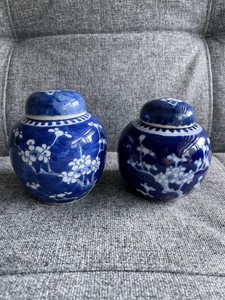 2 x Chinese 19/20thC Blue and White Prunus Ginger Jars - 13cm&12cm high