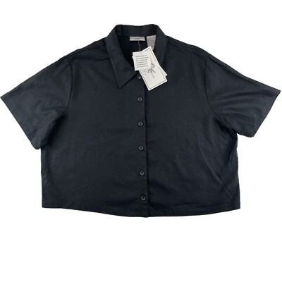 NWT Womens Cropped Top 18W Black Linen Blend Short Sleeve Button Up Studio Ease