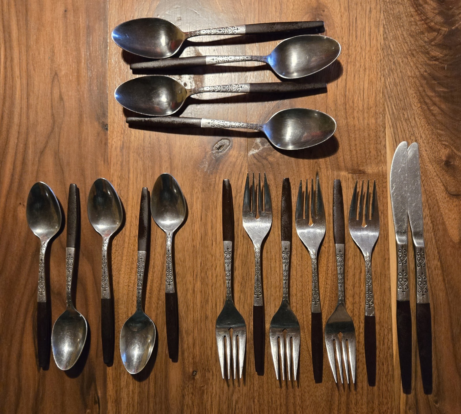 Vtg 17 Pc Set Of Interpur INR2 Stainless Steel Flatware Faux Wood Handle