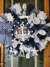 Summer NAUTICAL Deco Mesh Wreath BEADS, SEAHO...