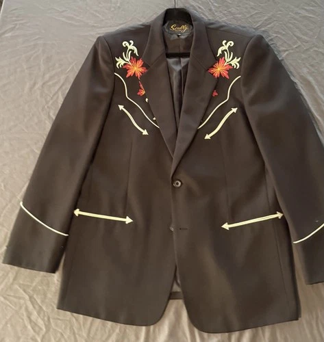 Scully Western Blazer Jacket Mens 42 Black Embroidered Floral Rodeo Cowboy Suit image 7