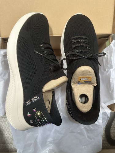 SKECHERS Slip-Ins Ultra Flex 4.0 Gemstone Glow Black Vegan Knit Sneaker