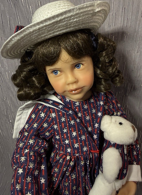 Goebel The Precious Years Libby 18in Porcelain Doll w/ Flag Stand