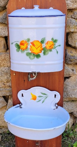 VGC Vintage French ENAMEL LAVABO Water Tank Basin Fountain WORKING TAP