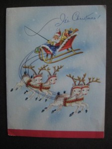 1940s vintage greeting card CHRISTMAS Santa Flies on Sleigh w Glittered Reindeer