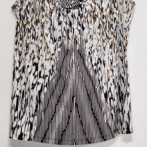 Calvin Klein Sz L Blouse Top Geometric Sleeveless Drape Neckline Gold Black - Picture 3 of 12
