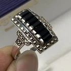 Vintage Black Onyx & Marcasite Sterling 925 Silver Ladies Ring Finger