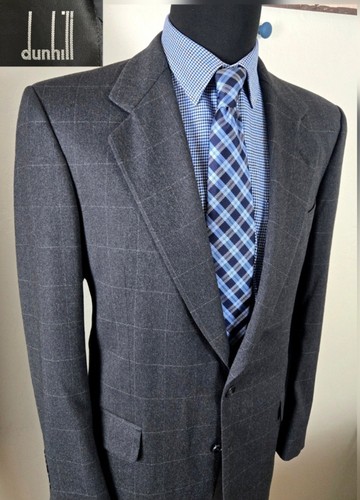 Dunhill, Vintage Dunhill Windowpane Blazer 40R Wool Cashmere Gray 2-Btn Suit Jacket