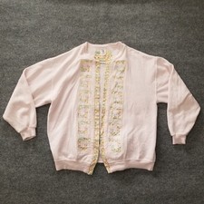 Vtg Jerzees Z Women Sweatshirt Open Cardigan XL Pink Grandma Quilt Patchwork 