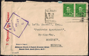 WWII Australia 1943 Censor Cover w/ Australia Censor Tape #3 & Censor H/S #243