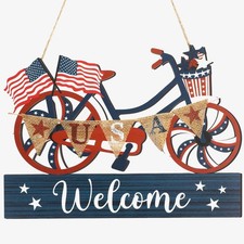 4th of July Decorations for Front Door, Wooden Patriotic Independence Day Wre...