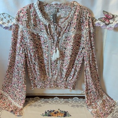 American Rag Cie Women's Floral Peasant Blouse M Smocked Bell Sleeve Tie BOHO