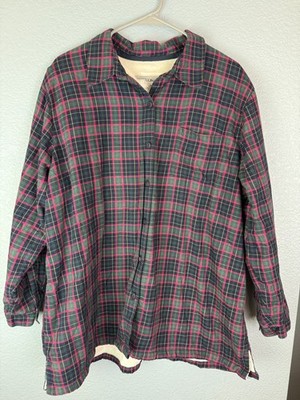 LL Bean Shirt Womens 1X Green Red Plaid Fleece Lined Flannel Button Up Cozy