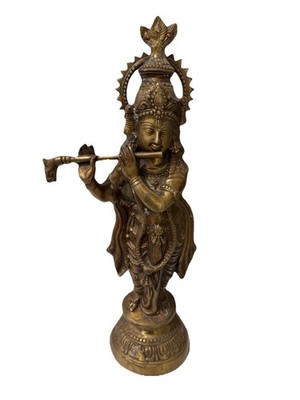 Vintage Lord Krishna Bronze Statue Patina W Some Verdigris