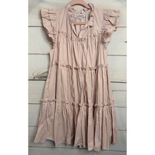 En Saison Tan White Striped Tiered Ruffle Babydoll Mini Dress Womens Small