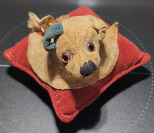 Antique German Felt Pincushion Dog Glass Eyes Red Velvet Cushion c1920s Sewing
