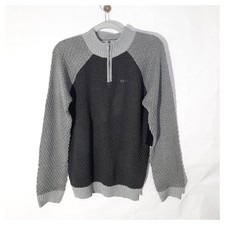 DKNY Boys Sweater L Gray Colorblock Ribbed Quarter Zip Pullover Preppy Boho Cozy