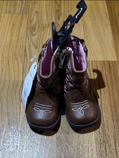 Girls Western Cowgirl Brown Pink Embroidered Pull On Non-Slip Boots Size 2