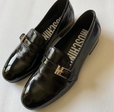 MOSCHINO WOMENS PATENT LEATHER LOAFERS BLACK WITH CRYSTAL LOGO SIZE 38 - 8 NWOT