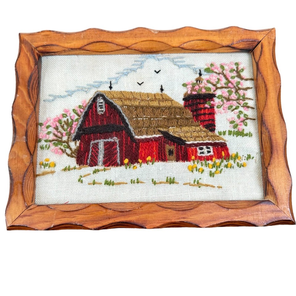 Vintage Crewel Framed Art Barn Scene Trees Carved Wood Frame eBay