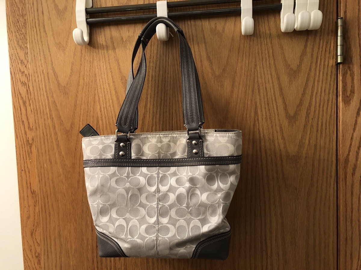 Coach F13973 Hampton Signature Gray Silver Jacquard Tote Handbag