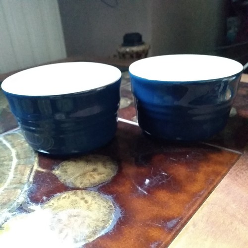 2 x Le Creuset Blue Ramekin Souffle Pot Dessert Dish Round Ceramic