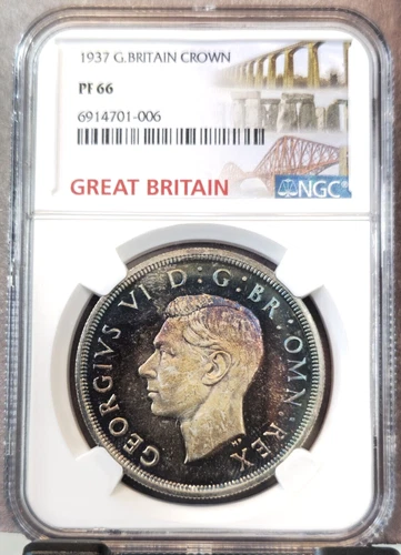 1937 GREAT BRITAIN SILVER 1 CROWN GEORGE VI NGC PF 66 AMAZING COLOR GEM PROOF