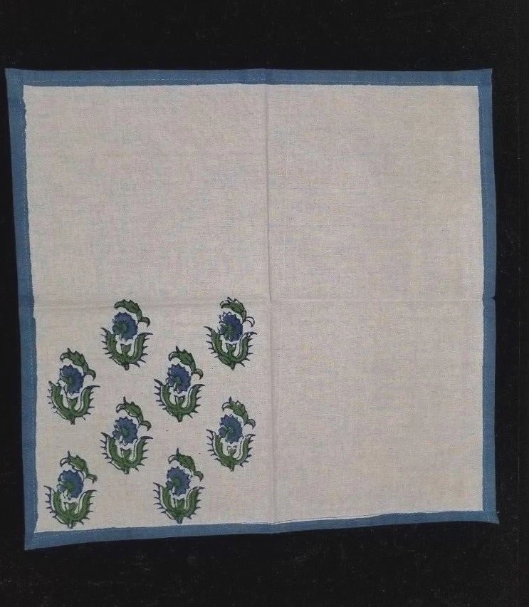 Blue Green White Rectangular Block Print Table Cloth & Napkins Set - Image 4 of 4