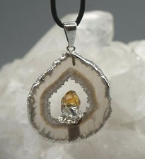 ACHAT GEODE DRUSE großer Anhänger mit CITRIN galvanisiert mit Öse a1