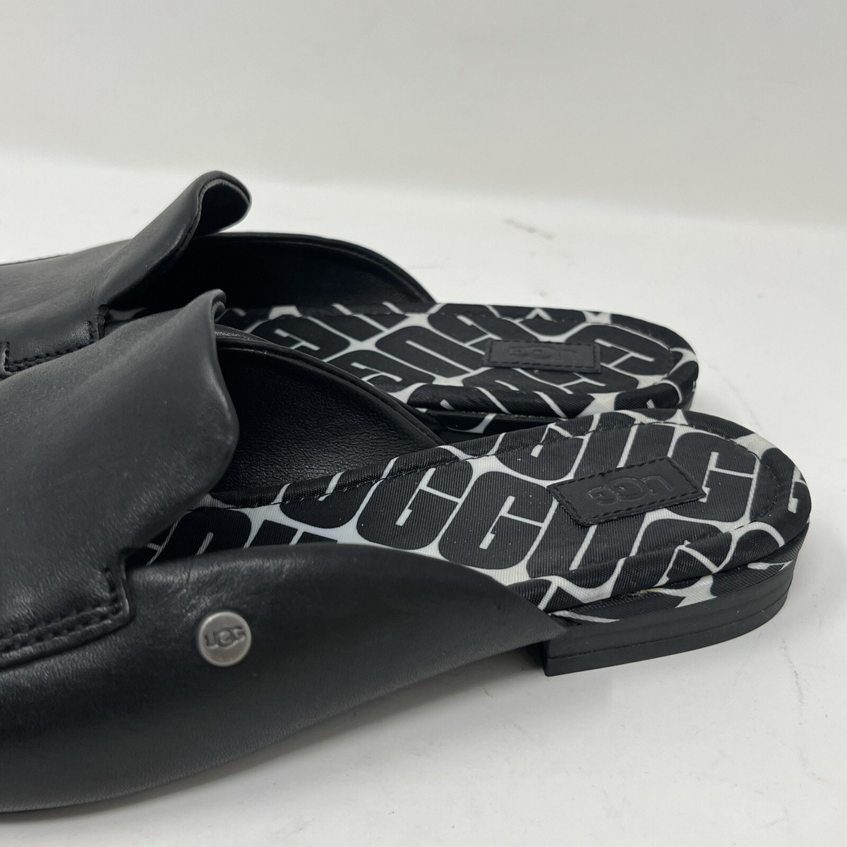 Ugg Leather Mules Black Janaya Slip On Shoes Logo Spell Out Womens