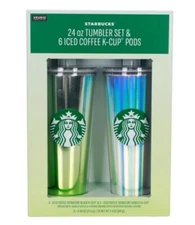 Starbucks Gift Set 2~24 Oz Tumbler 6 Iced Coffee K-Cup Pods Shiny Green & Silver