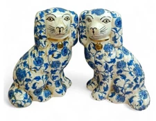 Pair Of Porcelain Blue, White Reproduction Staffordshire Dogs. Hand Painted-6"H