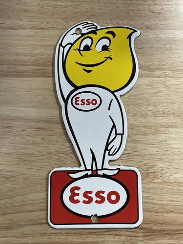 Vintage Esso Salute Oil Drop Boy Gasoline Die Cut Plate Metal Porcelain Sign