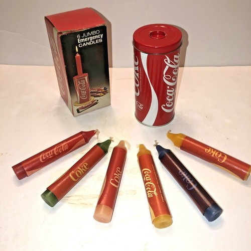1980 COCA COLA 6 JUMBO EMERGENCY CANDLES, W/ COKE CAN TIN IN BOX + COKE
