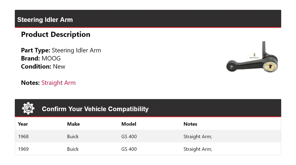Brazo de rueda loca de dirección MOOG para Buick GS 400 1968-1969 Foto 2 de 4
