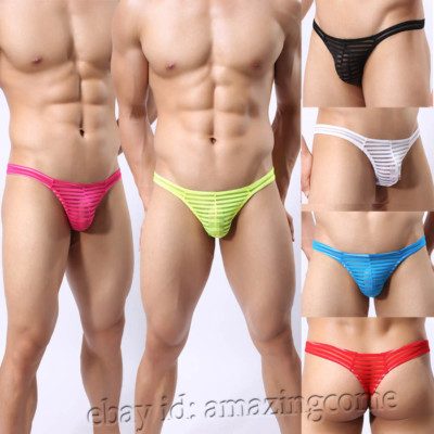 Sexy Men's See-through Mesh Solid Stripes T-back Underwear Male G-String Pants