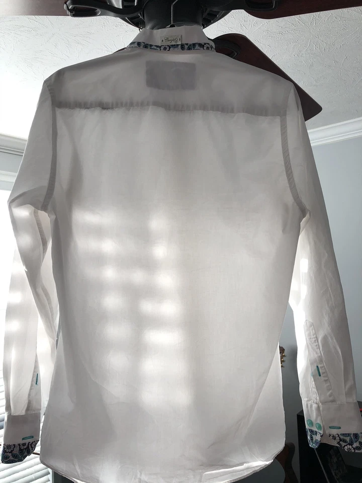 Camisa de vestir Coogi Luxe para hombre blanca verde azulado borde cachemir. Pequeño. Precio de venta sugerido por el fabricante 140 USD Foto 4 de 4