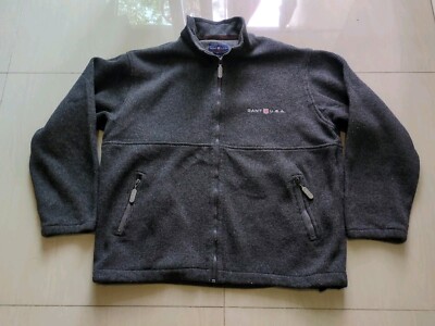 90s Gant USA The Rugger Fleece Wool Blend Jacket Gr. M Boxy Charcoal Black 25/26