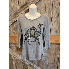 Lucky brand gold foil Llama boho size XS 3/4 sleeve stretch grey EUC