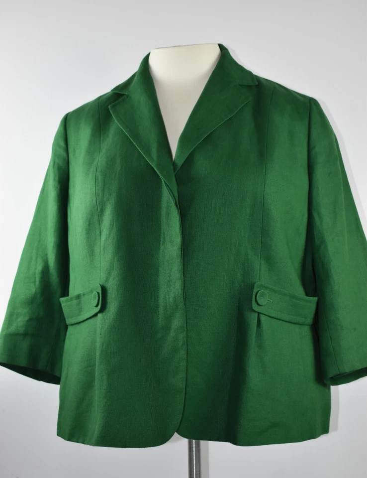 Talbots Woman Sz 18 W Pure Irish Linen Lined Hidden Buttons Green Blazer Jacket - Image 2 of 4