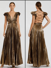 MAC DUGGAL 27166 Gold Ruffle Sleeve Cutout Pleated Metallic Gown Size 2