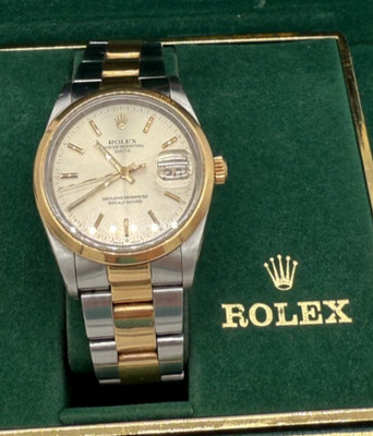 Rolex Date 15203 34mm Silver Dial 18k Yellow Gold + SS w/ BOX + PAPERS + TAGS