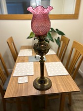 Vintage/Retro Oil Lamp Pink Tulip Glass Shade Antique Brass Base Knob