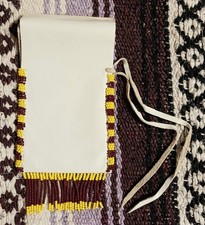Native American Maroon / Yellow Beaded White Leather Pouch- New- Navajo