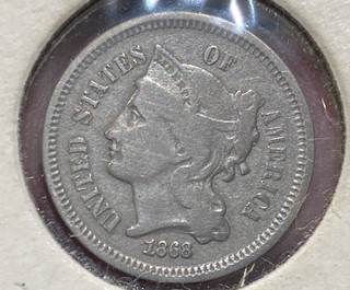 1868 Nickel Three Cent Piece XF AU 3c U.S Coin Details